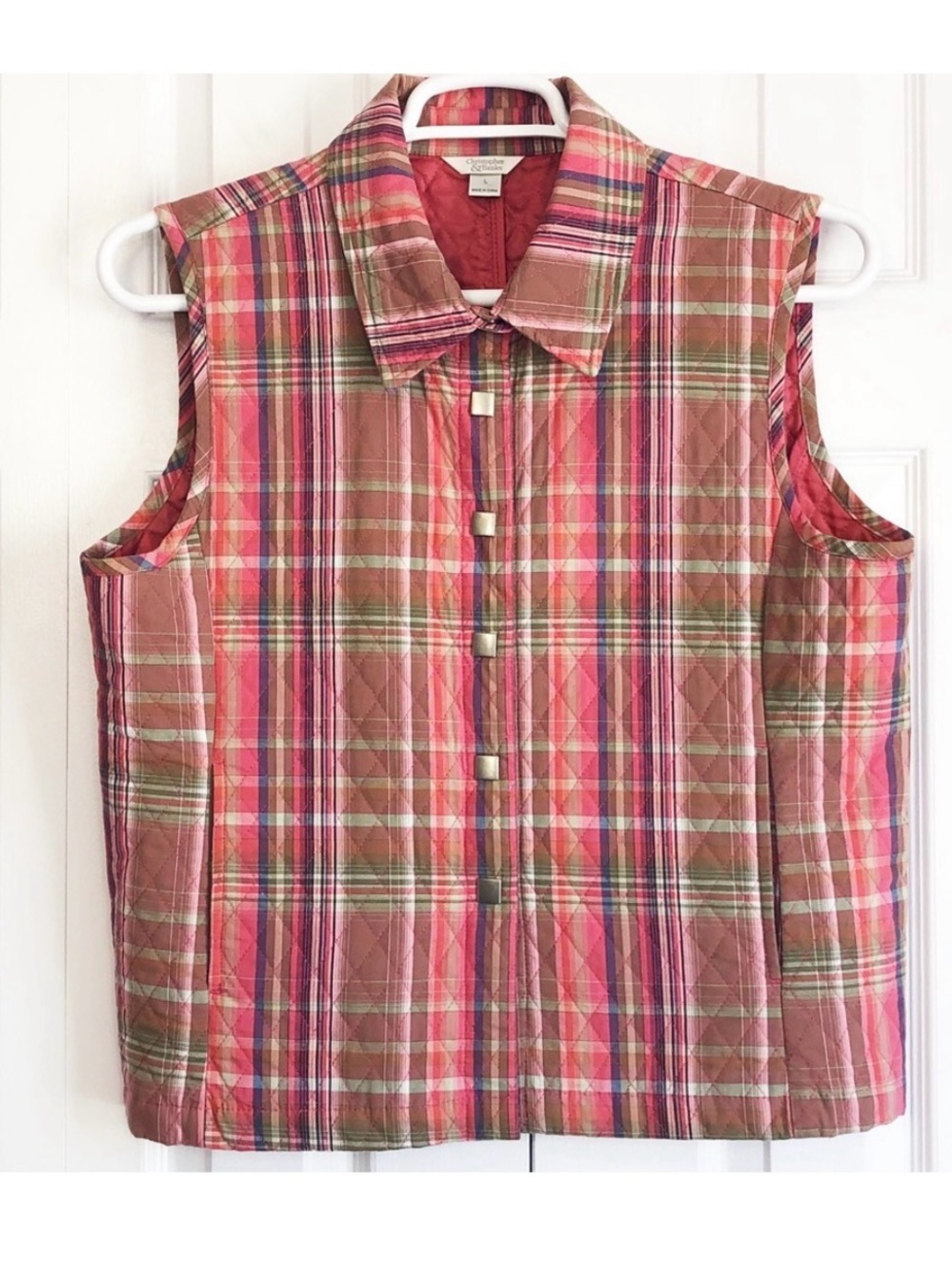 Christopher & Banks Colorful Pink Plaid Snap Quilted Vest Large